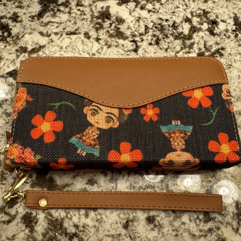 Art Class Black and Brown Wallet with Frida Kahlo Floral Design